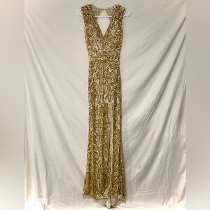 Mac Duggal Gold Sequin Dress w Slit and Open Back